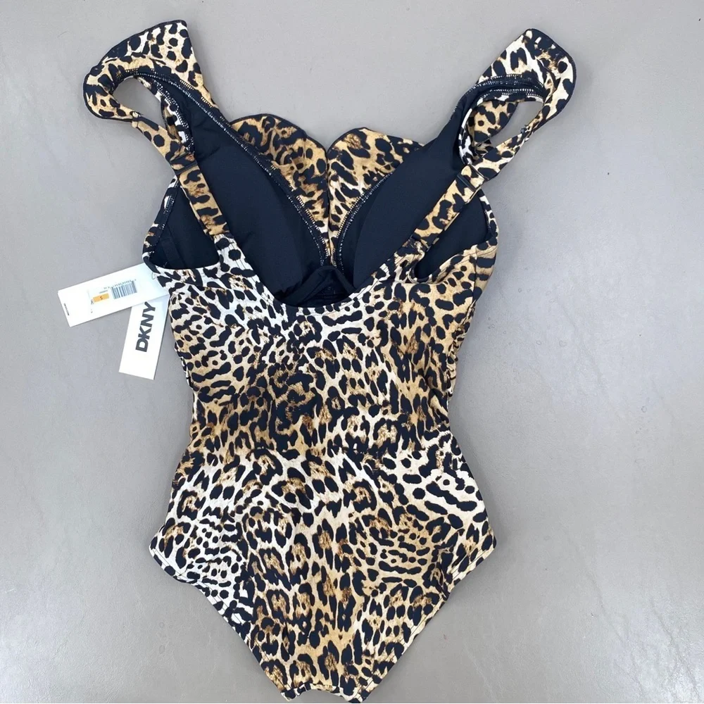 DKNY Animal Print Ruffle Neck One-Piece Swimsuit Brown and Black Size Small NWT - Picture 3 of 8